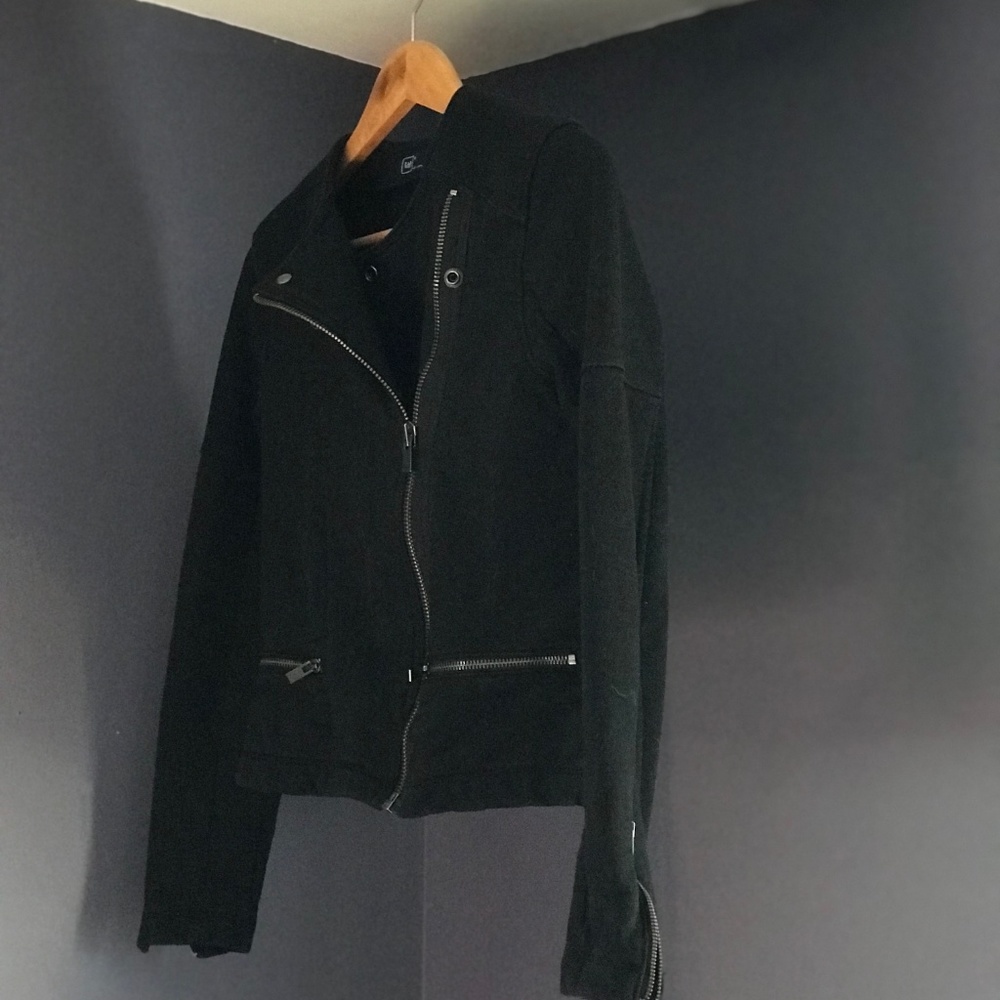 Asymmetrical Black Cotton Biker Jacket - Picture 2 of 5